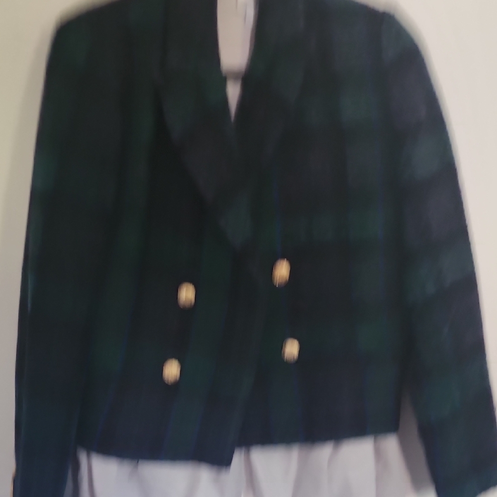 Plaid Double-Breasted Blazer with Gold Buttons